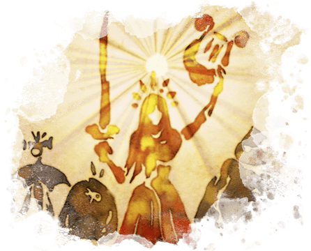 Ilustração em pergaminho da Goddess (deusa) segurando uma espada e uma harpa.